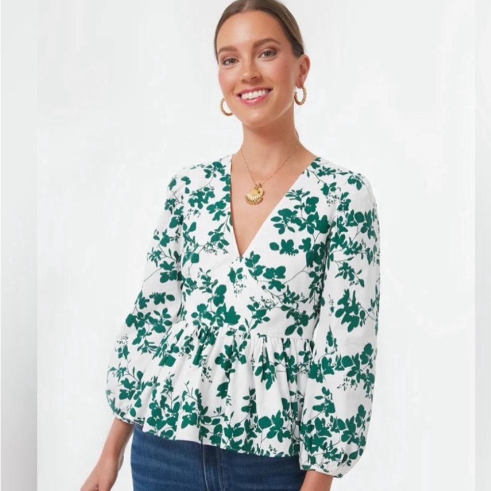 Hyacinth House Elaine Green Floral Blouse Top Tuckernuck Peplum Size S NWT